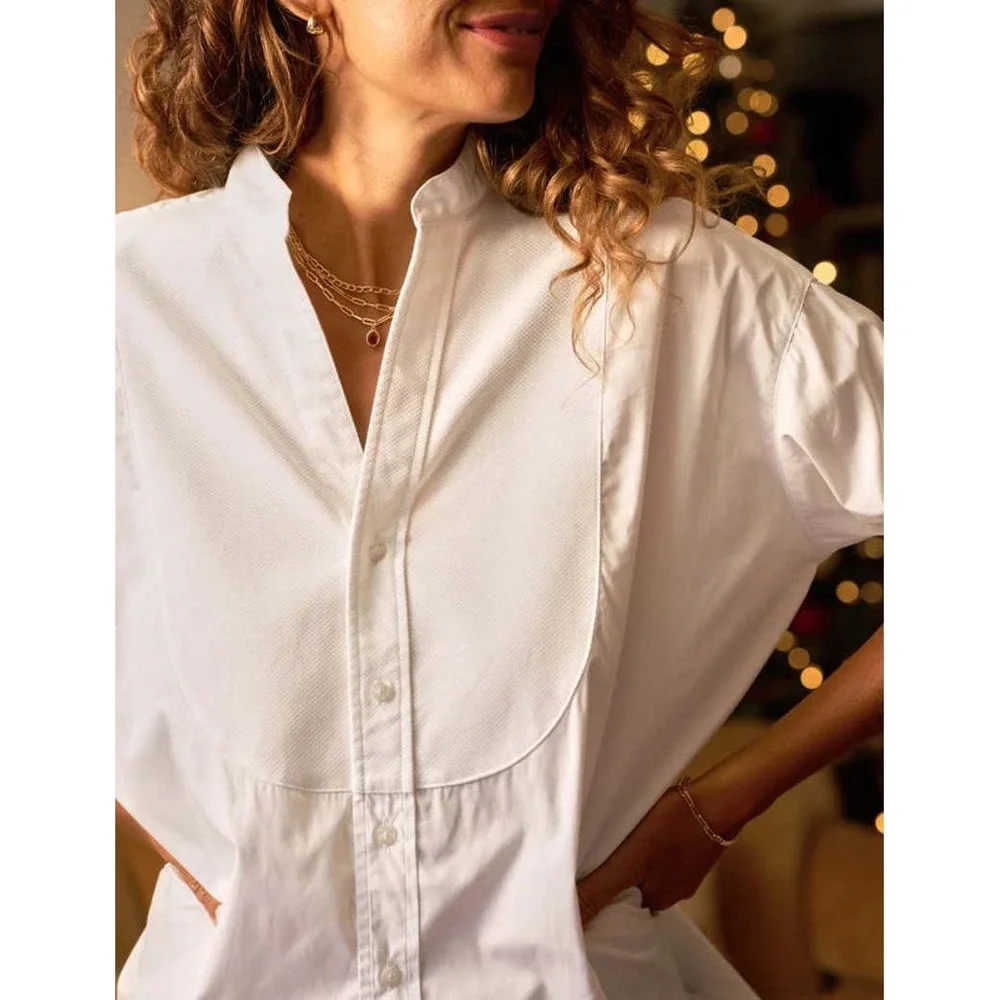 Frank & Eileen Victoria White Collarless Tuxedo Shirt Bib Cotton Womens Large - Picture 4 of 13